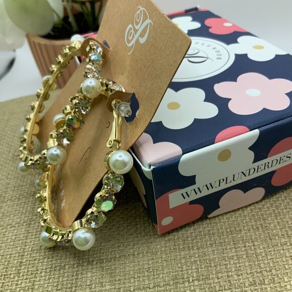 Plunder Design Faux Pearl Rhinestone Gold Tone Hoop Earrings - Picture 2 of 4